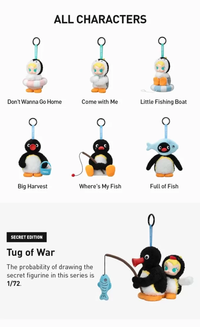 Baby Molly × Pingu Seria Happy Fishing – Cutie de vinil cu pandantiv de pluș Baby Molly × Pingu Seria Happy Fishing – Cutie de vinil cu pandantiv de pluș