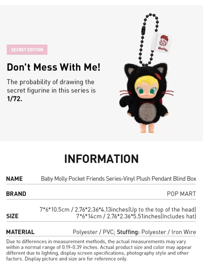 Seria Baby Molly Pocket Friends – Cutie de pluș din vinil cu pandantiv
